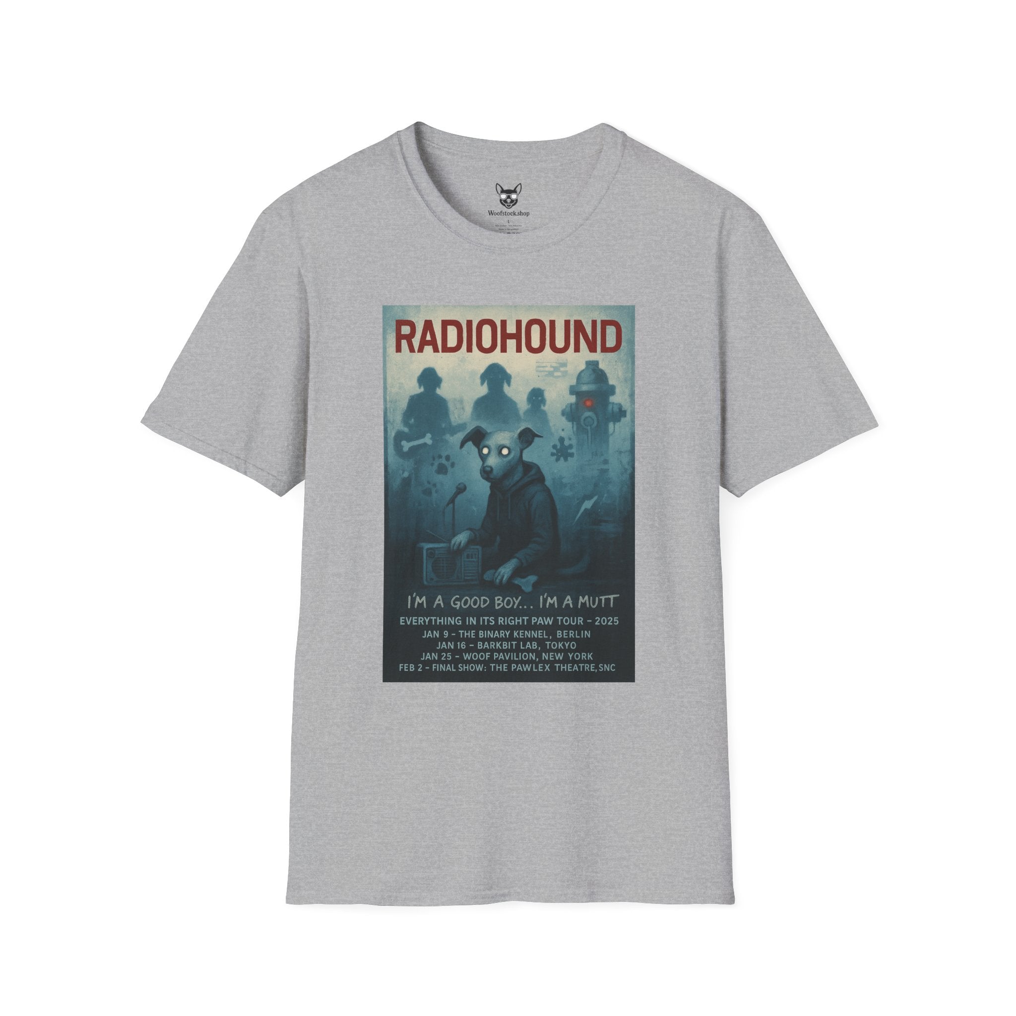 Radiohead Concert Poster Dog Parody Unisex Softstyle T-Shirt -- Funny Rock Tee for Music and Dog Lovers